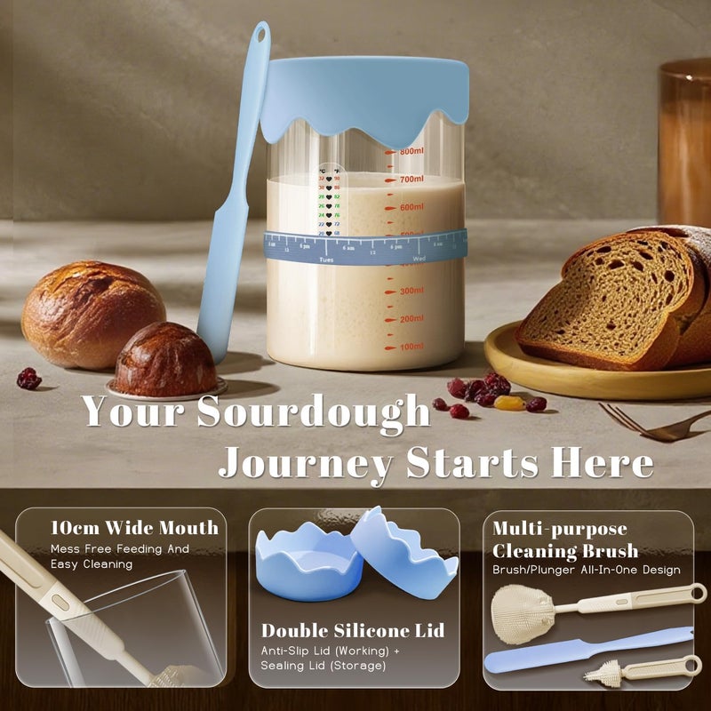 Solisifime Pro Sourdough Starter 10-In-1 Kit – 34 Oz Glass Jar With Lid, Cloth Cover, Date Band, Brush, Temp Strip, Silicone Spatula, Heating Mat – Sourdough Bread Baking Supplies, Glass Container, Blue - Image 3